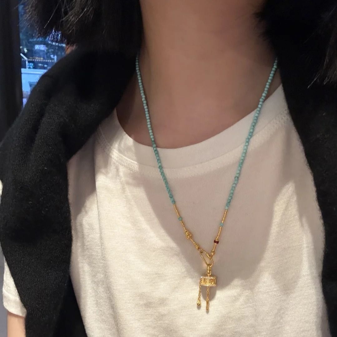 Tibetan Prayer Wheel Necklace with Turquoise – Sacred Spinning Om Mani Padme Hum Pendant