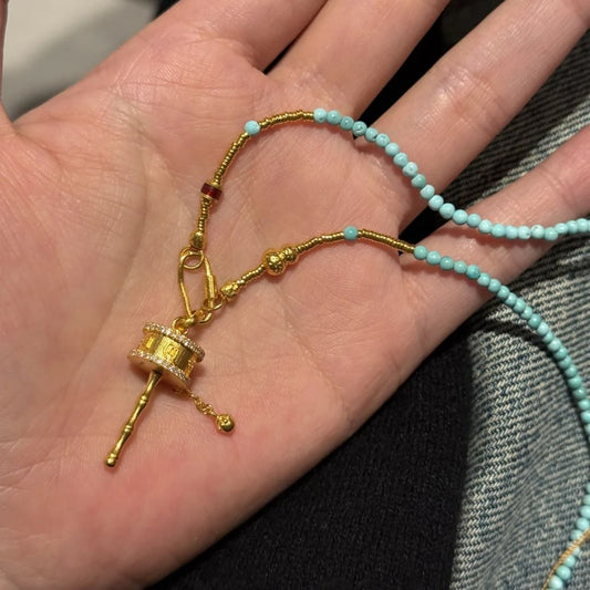 Tibetan Prayer Wheel Necklace with Turquoise – Sacred Spinning Om Mani Padme Hum Pendant